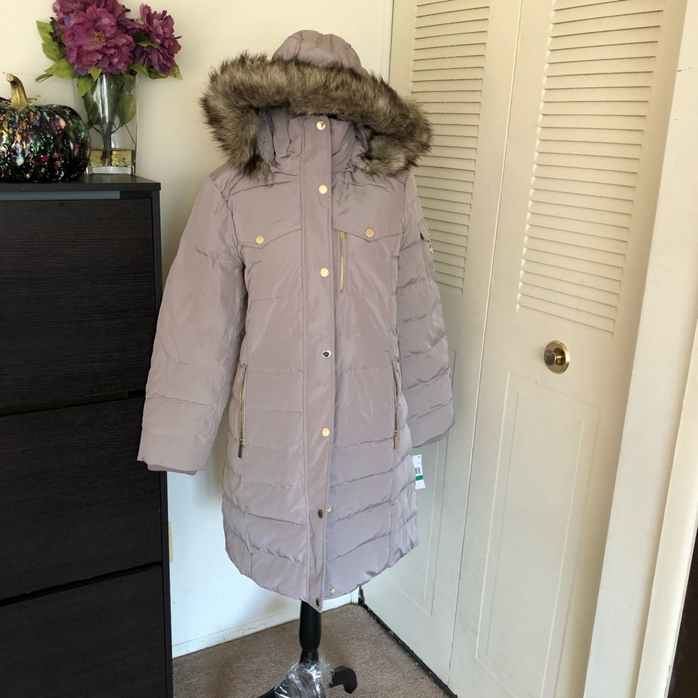 Michael Kors Light Mauve Hooded Faux-Fur Trim Puffer Coat